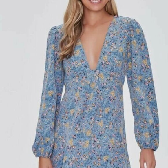 Forever 21 Floral Print Mini Dress Juniors Size L Long Sleeve - Picture 5 of 9